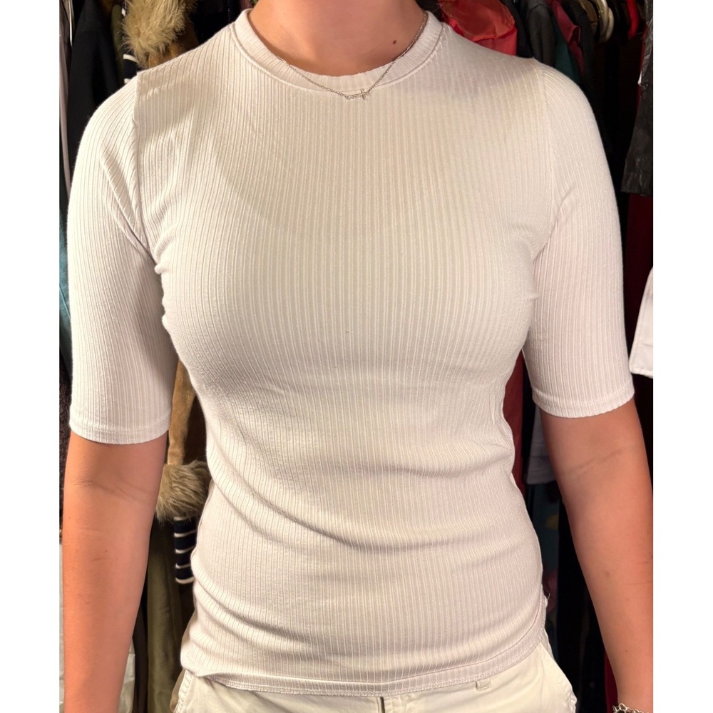 Splendid Ribbed Knit Top Womens Small Light Lavender Good Elbow Sleeve Crew Neck